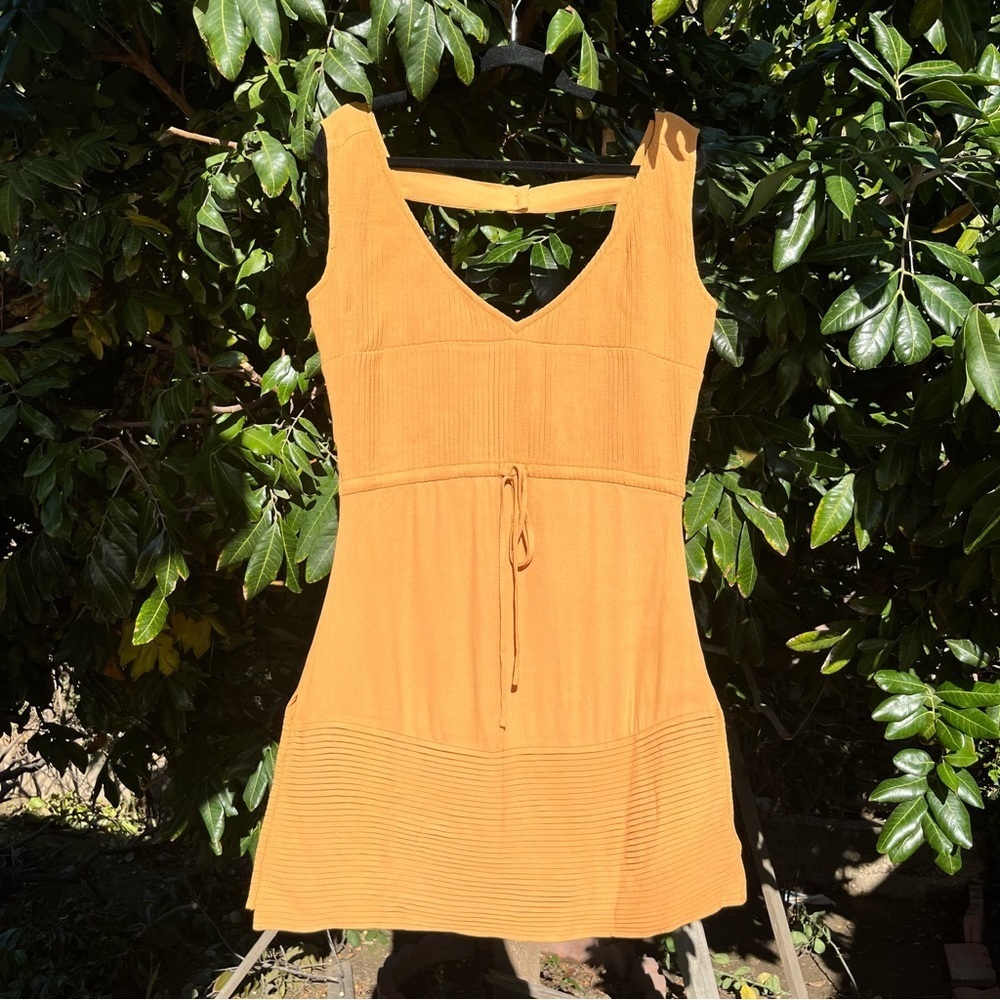 SANCIA mustard pleated detail sleeveless vneck mini dress